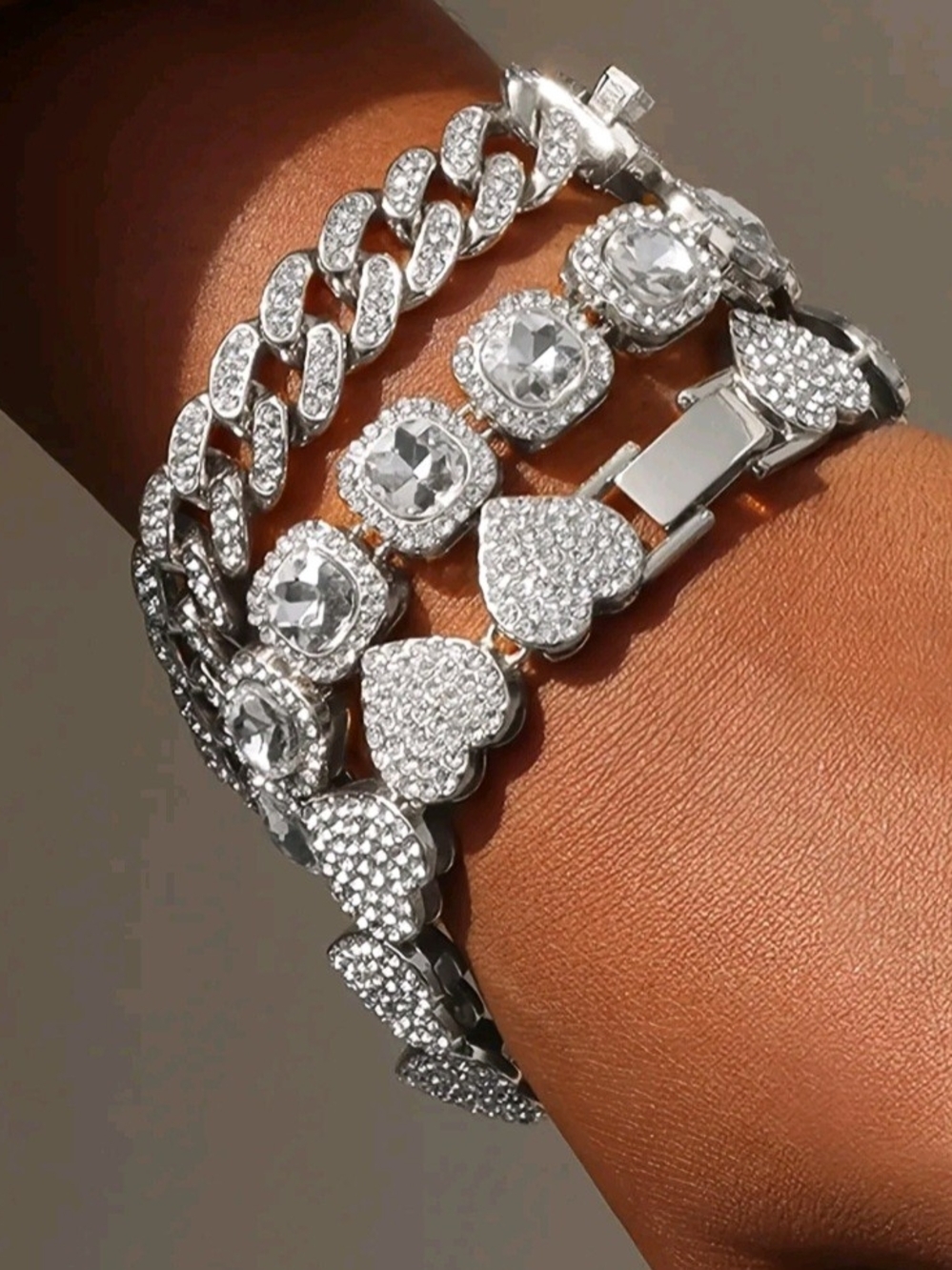 4pc Iced Out Silver Rhinestone Bracelet Stack Set